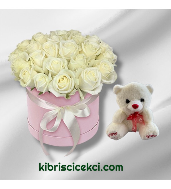 Kutuda 25 Beyaz Gül Ayıcık